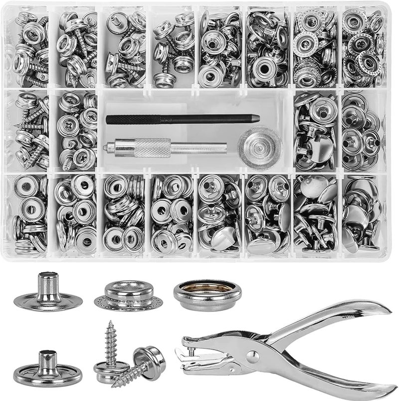 Titoe Canvas Snap Kit, 354PCS Snap Fasteners Kit with Pliers Tool and 2Pcs Setting Tools, Metal Canvas Snaps for Boat Cover Marine DIY (Silver) - Image 1